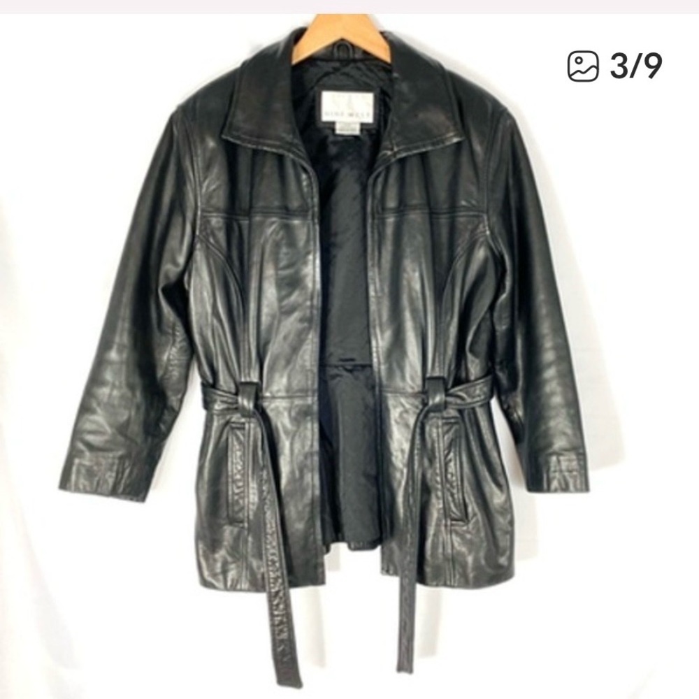 Nine West Vintage 90s Belted Leather Jacket Women Size S Black Goth Grunge Edgy